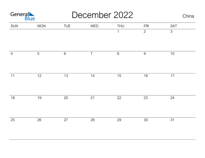 Printable December 2022 Calendar for China