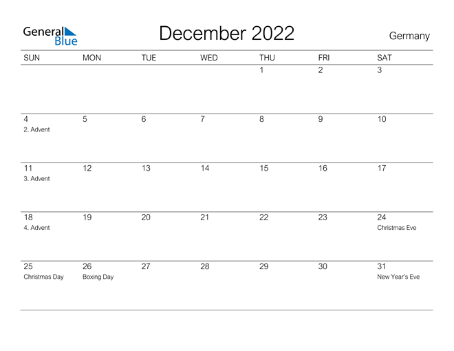 Printable December 2022 Calendar for Germany