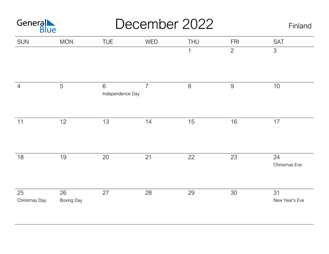 Printable December 2022 Calendar for Finland