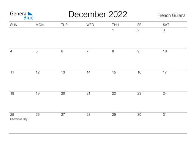 Printable December 2022 Calendar for French Guiana