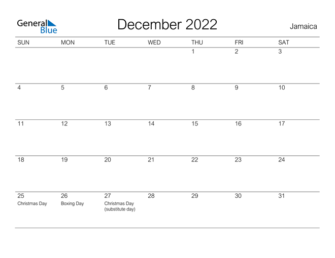 Printable December 2022 Calendar for Jamaica