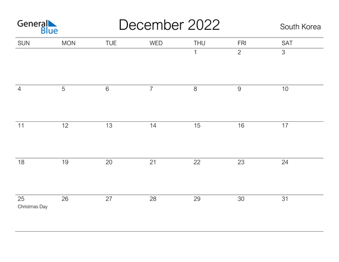Printable December 2022 Calendar for South Korea