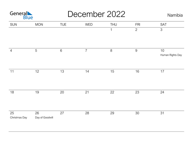 Printable December 2022 Calendar for Namibia