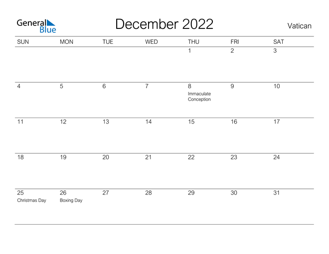Printable December 2022 Calendar for Vatican