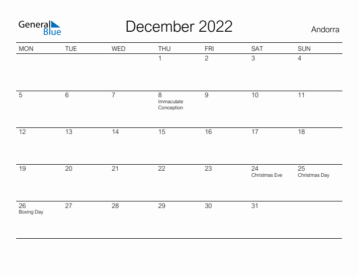Printable December 2022 Calendar for Andorra