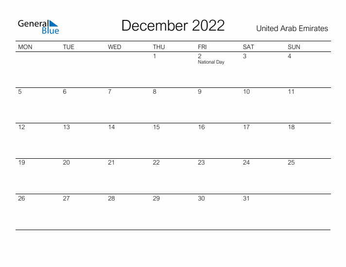Printable December 2022 Calendar for United Arab Emirates