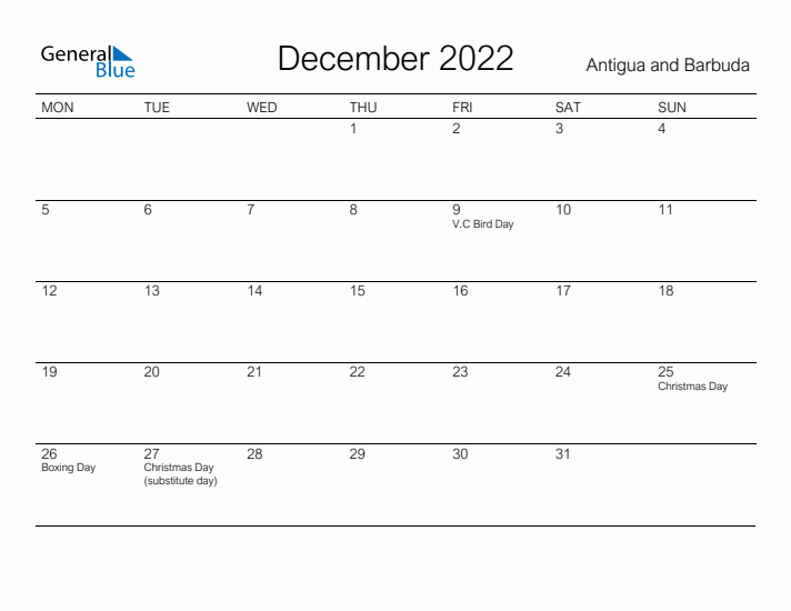 Printable December 2022 Calendar for Antigua and Barbuda