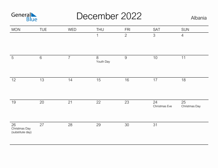 Printable December 2022 Calendar for Albania