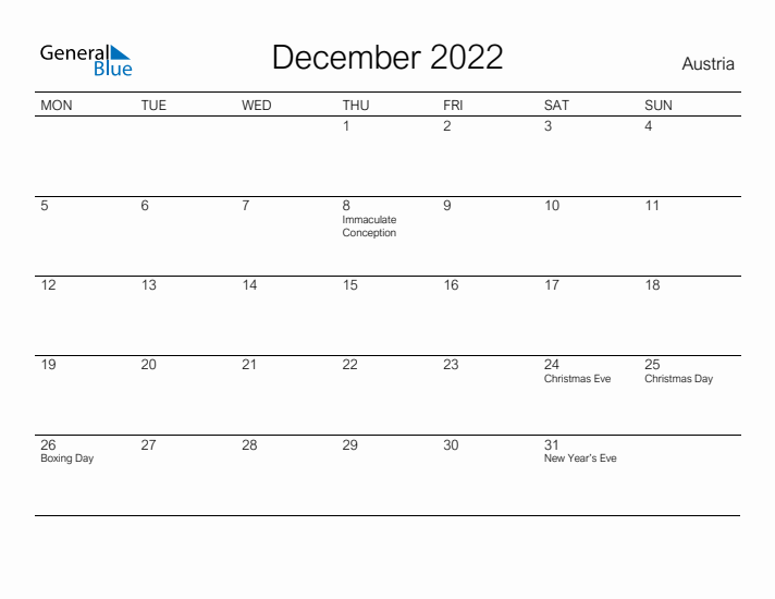 Printable December 2022 Calendar for Austria