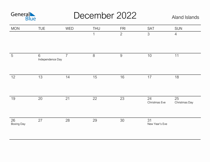 Printable December 2022 Calendar for Aland Islands