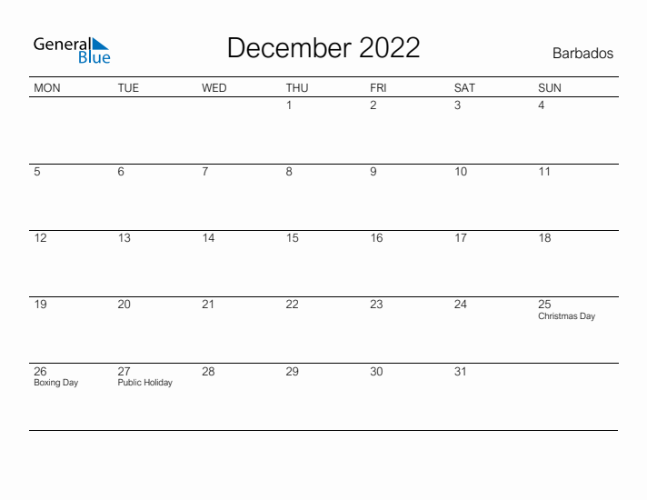 Printable December 2022 Calendar for Barbados