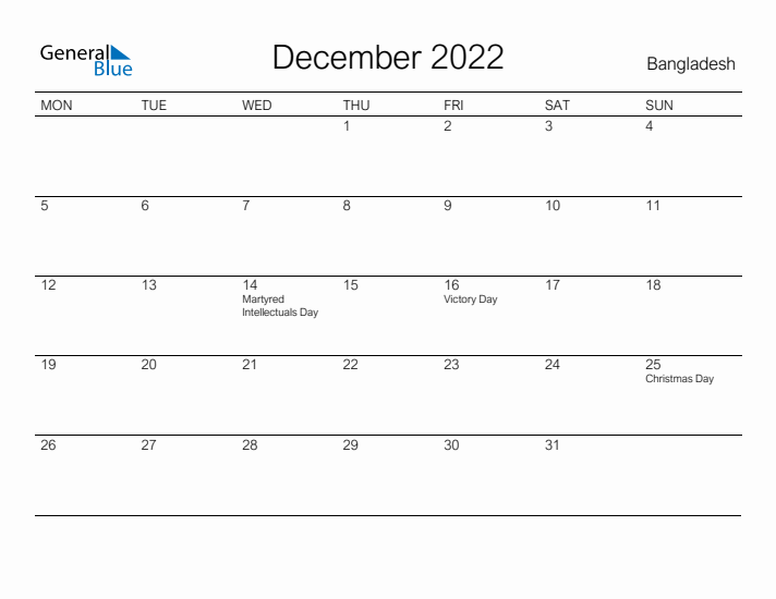 Printable December 2022 Calendar for Bangladesh
