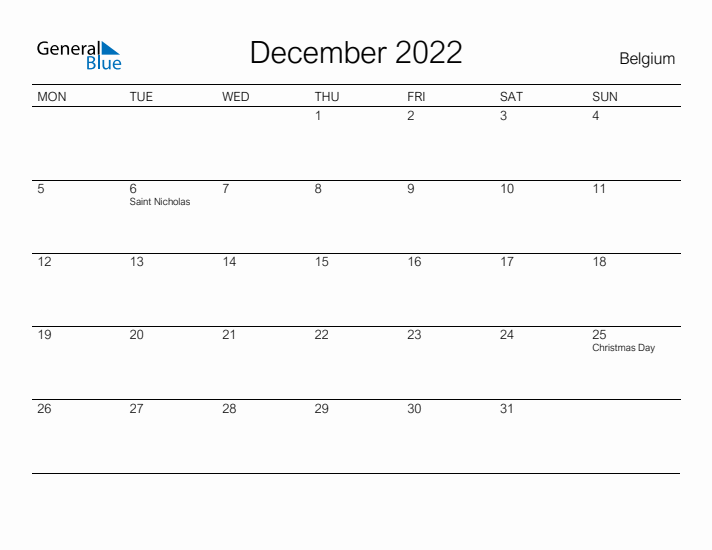 Printable December 2022 Calendar for Belgium
