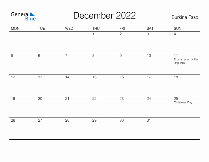 Printable December 2022 Calendar for Burkina Faso