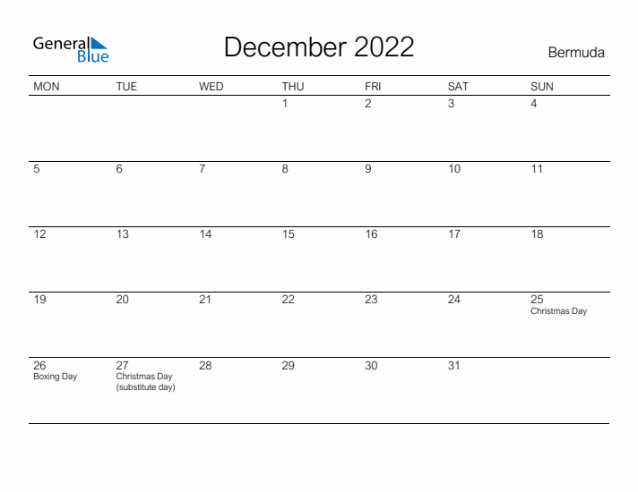 Printable December 2022 Calendar for Bermuda