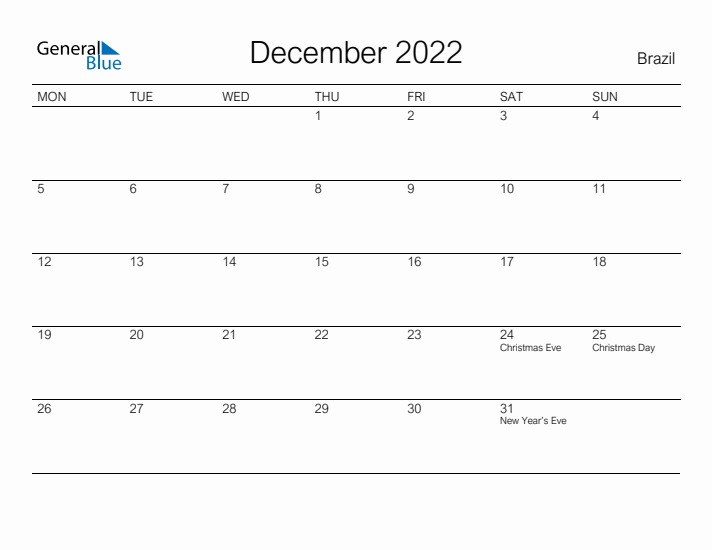 Printable December 2022 Calendar for Brazil