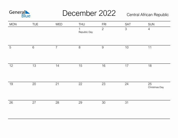 Printable December 2022 Calendar for Central African Republic