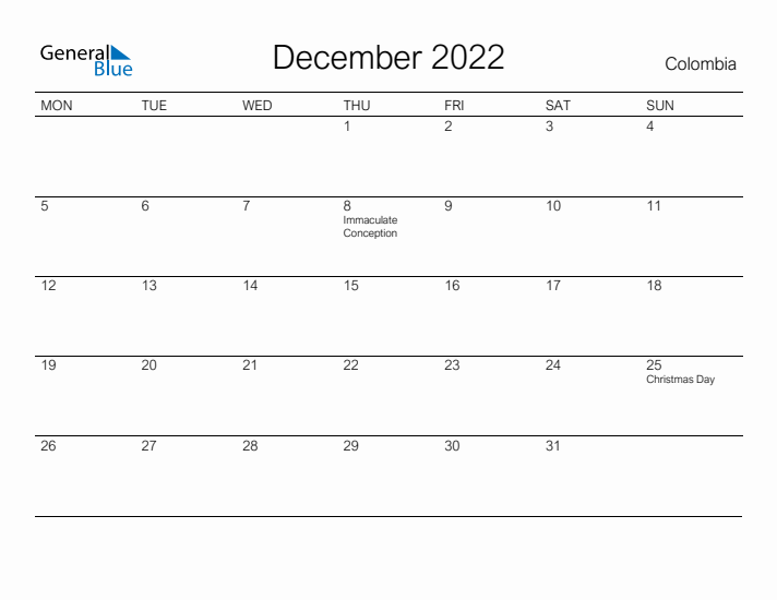 Printable December 2022 Calendar for Colombia