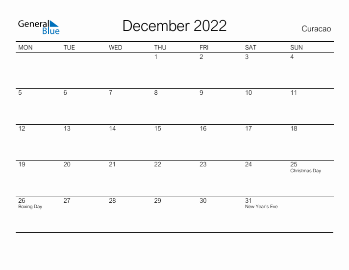 Printable December 2022 Calendar for Curacao