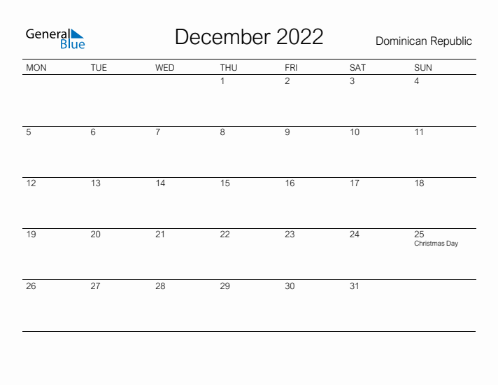 Printable December 2022 Calendar for Dominican Republic