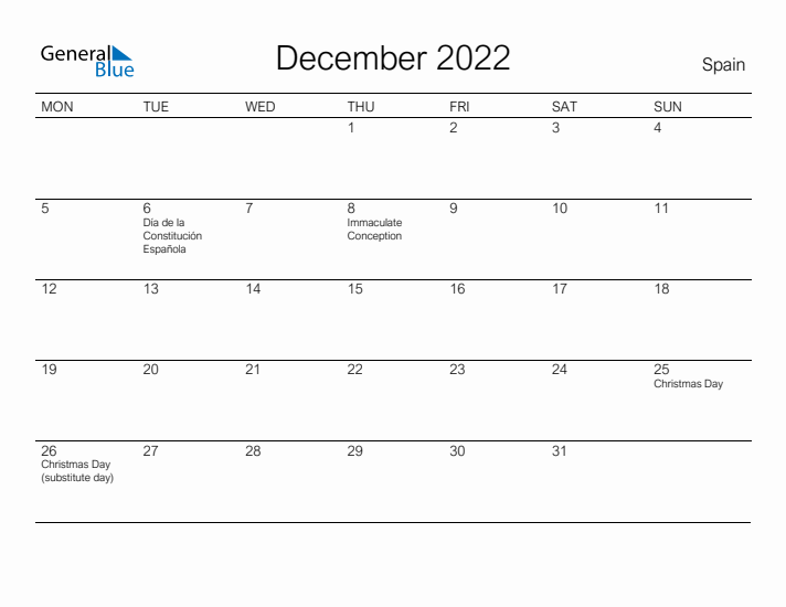 Printable December 2022 Calendar for Spain