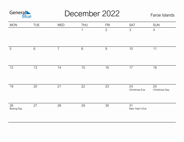 Printable December 2022 Calendar for Faroe Islands