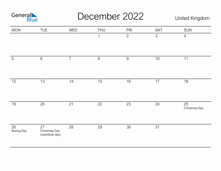 Printable December 2022 Calendar for United Kingdom