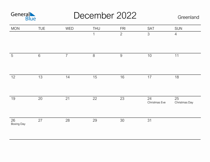 Printable December 2022 Calendar for Greenland