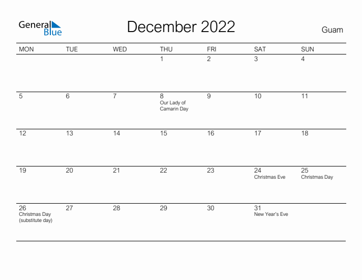 Printable December 2022 Calendar for Guam