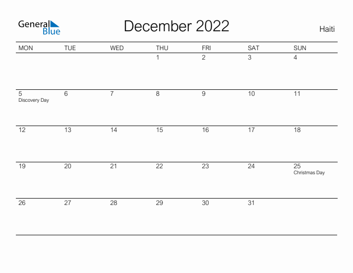 Printable December 2022 Calendar for Haiti