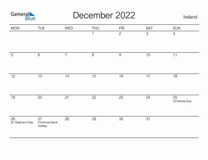 Printable December 2022 Calendar for Ireland