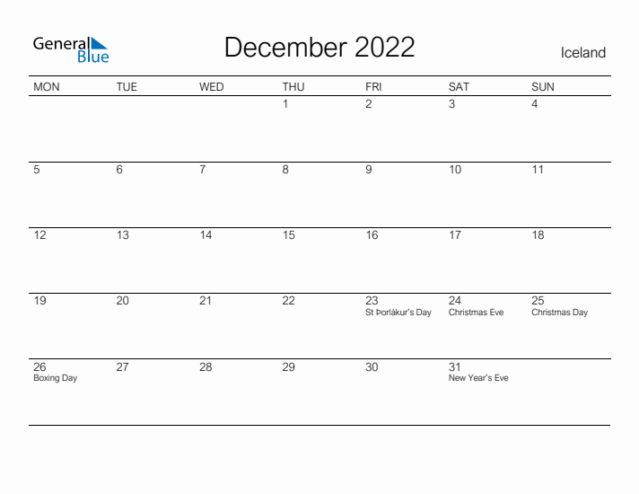 Printable December 2022 Calendar for Iceland