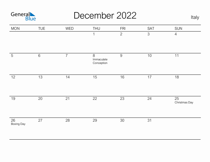 Printable December 2022 Calendar for Italy