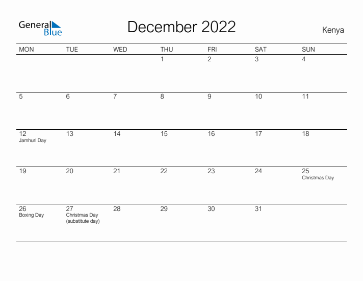 Printable December 2022 Calendar for Kenya