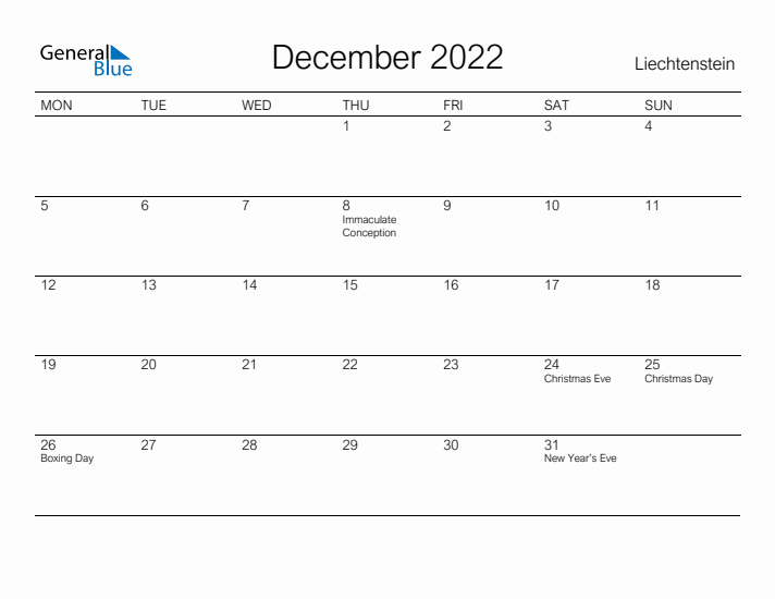 Printable December 2022 Calendar for Liechtenstein