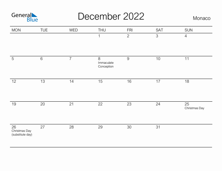 Printable December 2022 Calendar for Monaco