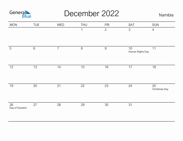 December 2022 Namibia Monthly Calendar With Holidays