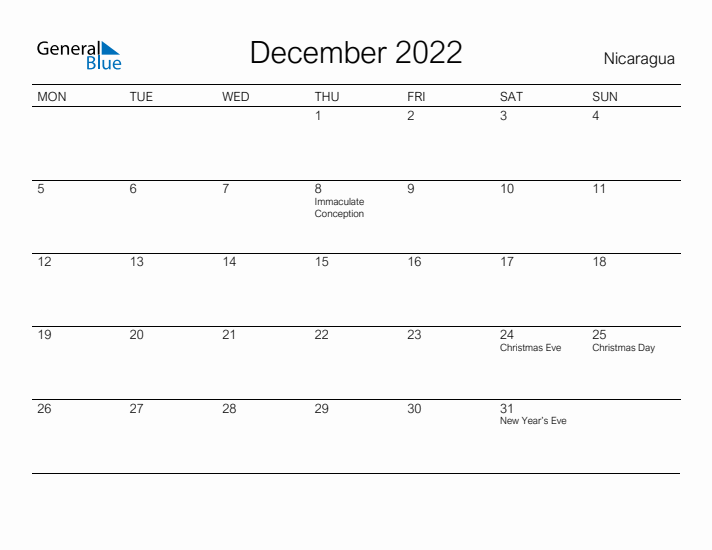 Printable December 2022 Calendar for Nicaragua