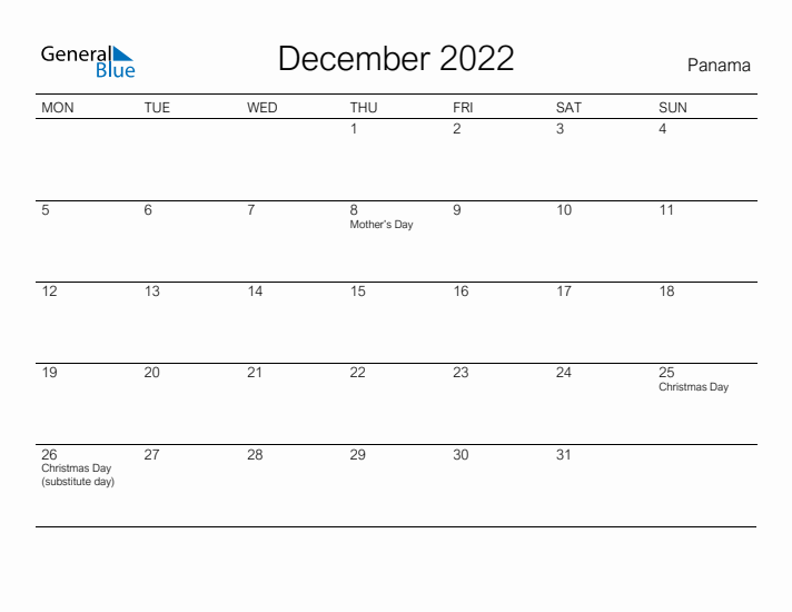Printable December 2022 Calendar for Panama