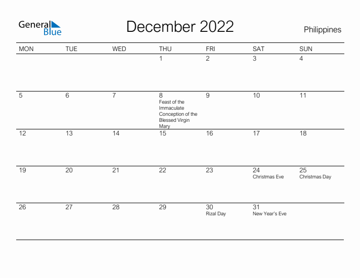 Printable December 2022 Calendar for Philippines
