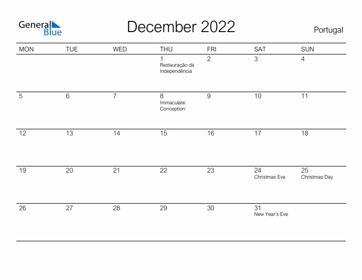 Printable December 2022 Calendar for Portugal