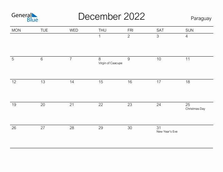 Printable December 2022 Calendar for Paraguay