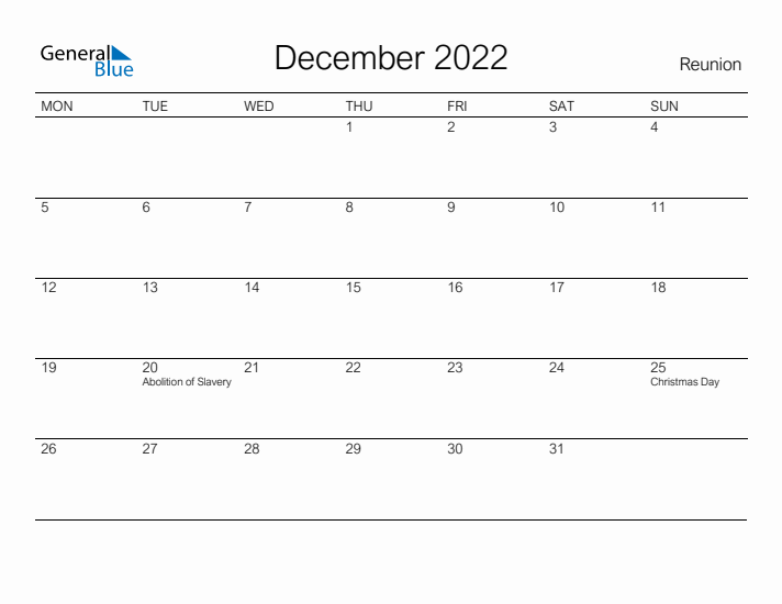 Printable December 2022 Calendar for Reunion