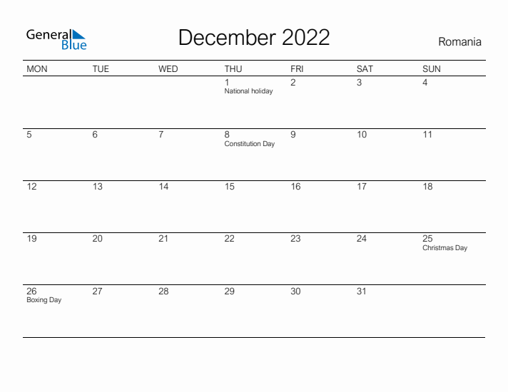 Printable December 2022 Calendar for Romania