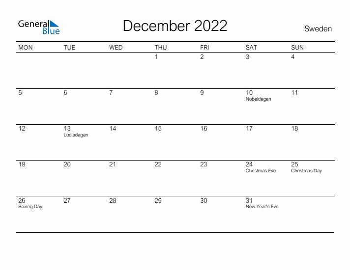 Printable December 2022 Calendar for Sweden