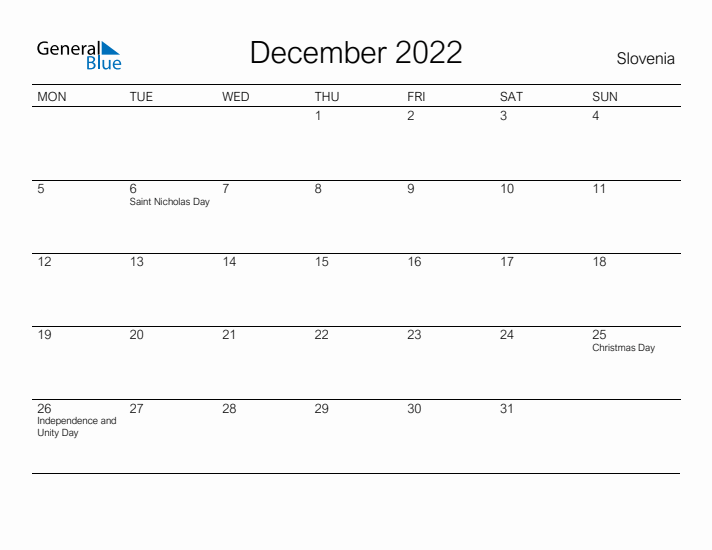 Printable December 2022 Calendar for Slovenia