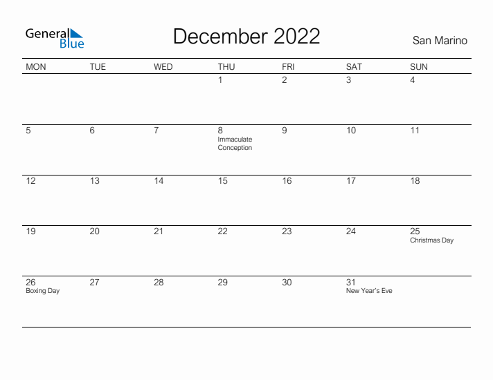 Printable December 2022 Calendar for San Marino
