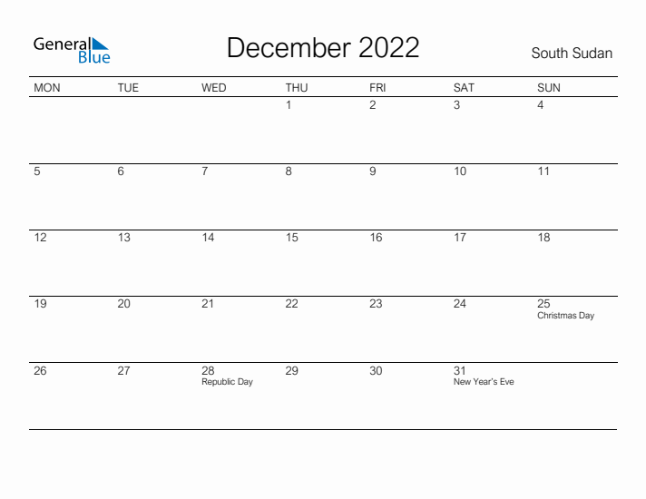 Printable December 2022 Calendar for South Sudan