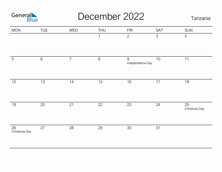Printable December 2022 Calendar for Tanzania