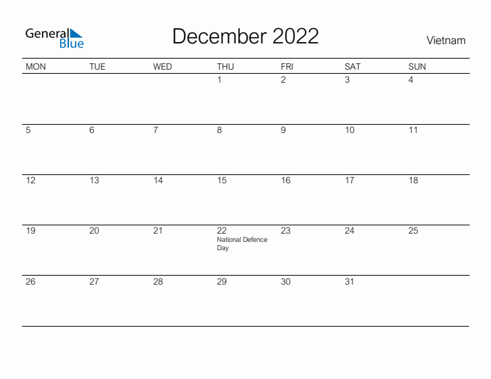 Printable December 2022 Calendar for Vietnam